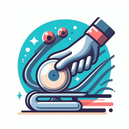 Cartoon vector illustration of a hand holding a circular saw. Vector illustration.のイラスト素材