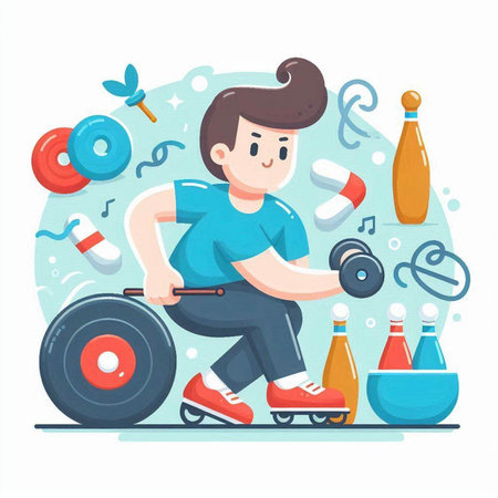 Cartoon man in sportswear is engaged in fitness. Vector illustrationのイラスト素材