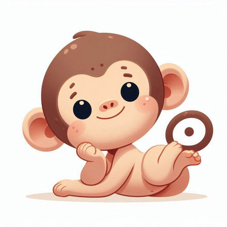 Cute baby monkey playing with a vinyl disk. Vector illustration.のイラスト素材