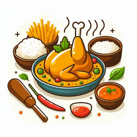 Illustration of chicken with rice, vegetables and sauce. Vector illustration.のイラスト素材