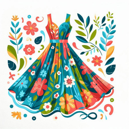 Vector illustration of a beautiful woman's dress with floral pattern and hand drawn elementsのイラスト素材