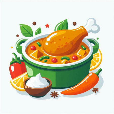 Vector illustration of chicken soup in a bowl with ingredients for cooking.のイラスト素材