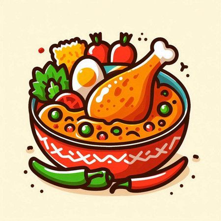 Illustration of chicken soup in bowl with vegetables and eggs. Vector illustration.のイラスト素材