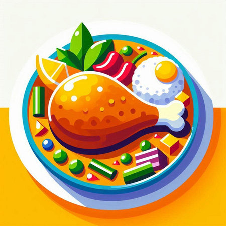 Vector illustration of fried chicken with fried egg and vegetables on plate.のイラスト素材