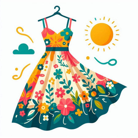 Beautiful summer dress with floral pattern and sun. Vector illustration.のイラスト素材