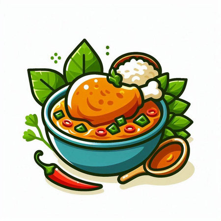 Illustration of curry in bowl with chilli, rice and herbsのイラスト素材