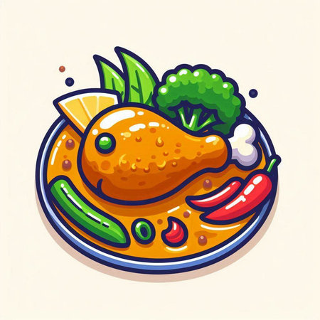 Illustration of fried chicken on plate with vegetables. Vector illustration.のイラスト素材