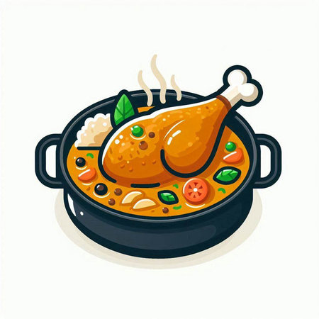 Chicken leg with rice and vegetables in a pan. Vector illustration.のイラスト素材