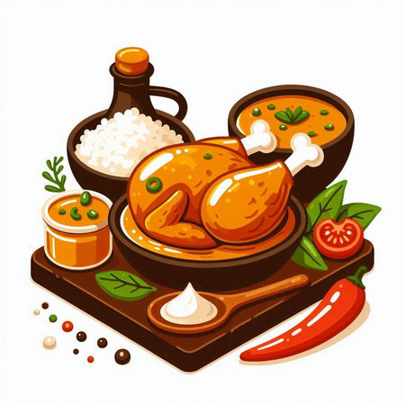 Vector illustration of a chicken in a bowl with vegetables and spices.のイラスト素材