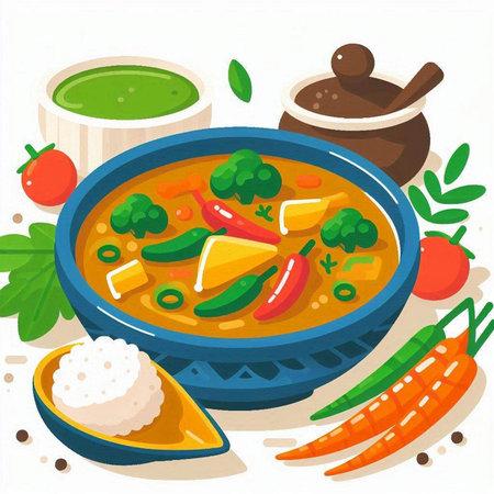 Illustration of a bowl of spicy curry with rice and vegetables.のイラスト素材