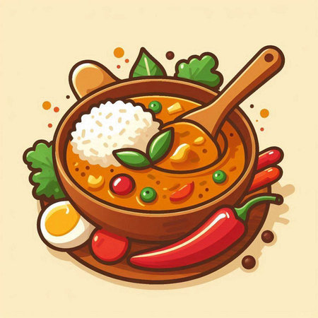 Curry soup with vegetables and eggs. Vector illustration in cartoon style.のイラスト素材