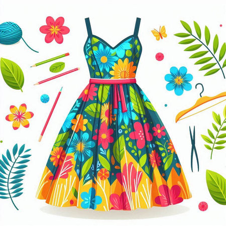 Vector illustration of a colorful summer dress with flowers and leaves on a white backgroundのイラスト素材