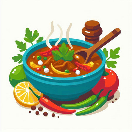 Vector illustration of a bowl of spicy soup with herbs and spices.のイラスト素材
