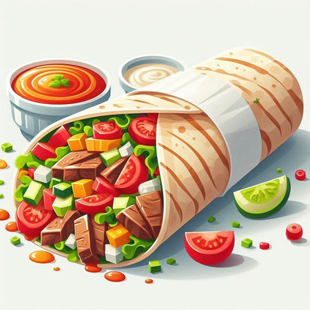 Illustration of a tortilla wrap with fresh vegetables and sauce.のイラスト素材