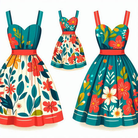 Set of three dresses with floral pattern on a white background. Vector illustration.のイラスト素材