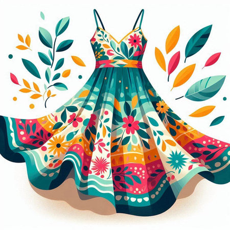 Vector illustration of a beautiful woman's dress decorated with flowers and leavesのイラスト素材