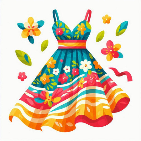 Fashionable summer dress with flowers and leaves. Vector illustration.のイラスト素材