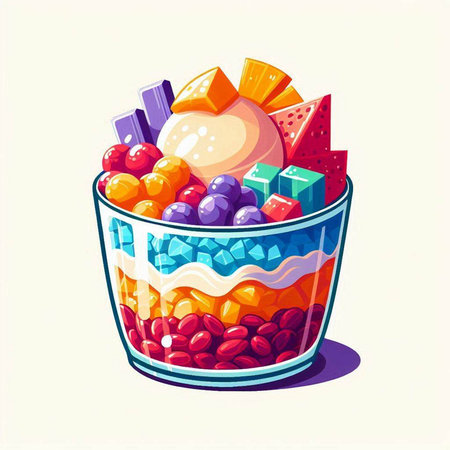 Vector illustration of a bowl of fruit and berries with ice cream.のイラスト素材