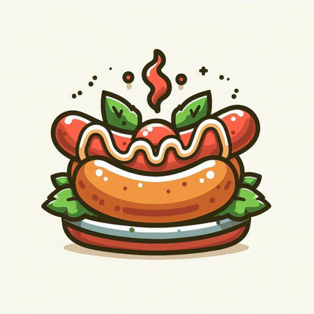 Hot dog with tomato and ketchup. Vector illustration of fast food.のイラスト素材