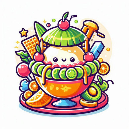 Cute ice cream in a bowl with fruits. Vector illustration.のイラスト素材