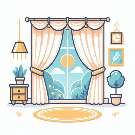 Curtains on the windowsill in the room, vector illustrationのイラスト素材