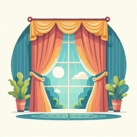Window with curtains and plants. Vector illustration in flat cartoon style.のイラスト素材