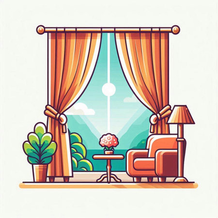 Window with curtains and armchair. Vector illustration in flat style.のイラスト素材