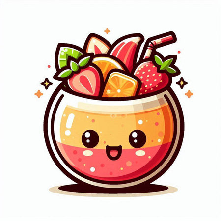 Cute cartoon fruit salad in a bowl. Vector illustration isolated on white background.のイラスト素材