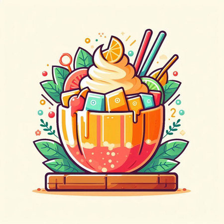 Fruit ice cream in a bowl with chopsticks. Vector illustration.のイラスト素材