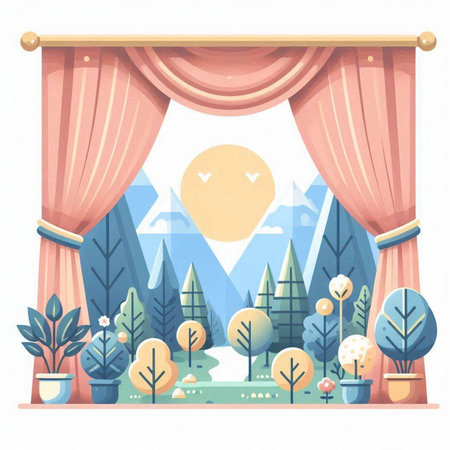 Curtains with trees and mountains. Vector illustration in flat styleのイラスト素材