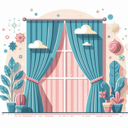 Curtains and flowers in the interior. Vector illustration in flat style.のイラスト素材