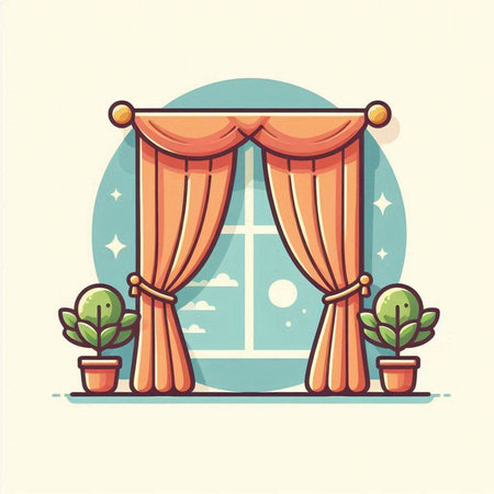 Vector illustration of window with curtains and cacti in pots.のイラスト素材