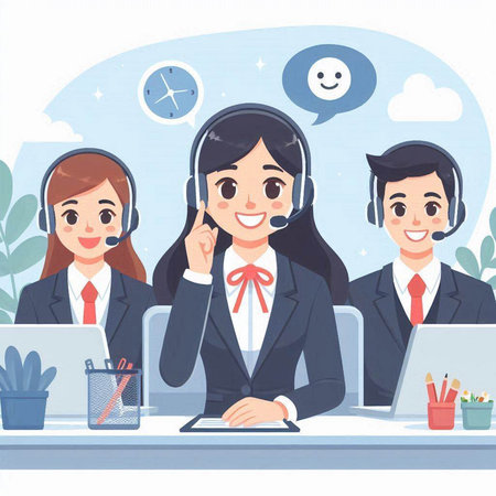 Call center operator with headset and customer service assistant. Vector illustration.のイラスト素材