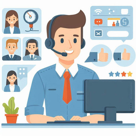 Call center operator with headset and computer. Flat design vector illustration.のイラスト素材