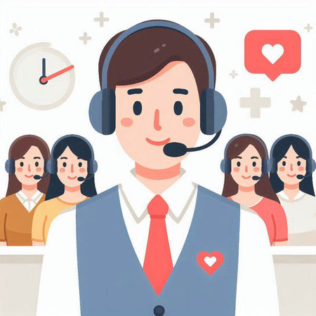 Call center operator with headset and customer service staff. Flat vector illustration.のイラスト素材