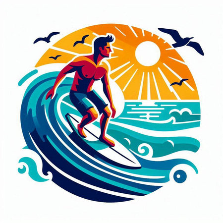 Surfer on the surfboard on the background of the sea, vector illustrationのイラスト素材