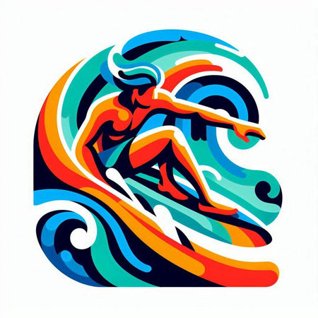 Surfer girl on a surfboard. Vector illustration of a woman surfing.のイラスト素材
