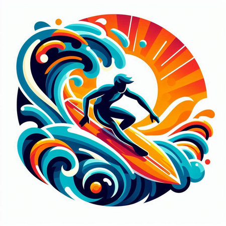 Surfer with surfboard on the waves. Vector illustration in cartoon style.のイラスト素材