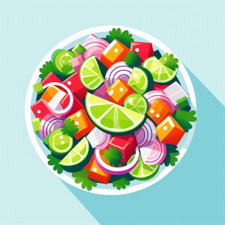 Vector illustration of a bowl of vegetable salad with lime, onion, cucumber, tomato and lettuceのイラスト素材