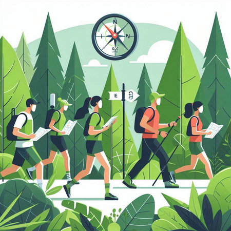 People with map and compass in the forest. Vector illustration in flat styleのイラスト素材