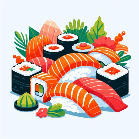 Vector illustration of Japanese food. Sushi rolls with salmon, tuna, eel, caviar, rice, seaweed.のイラスト素材