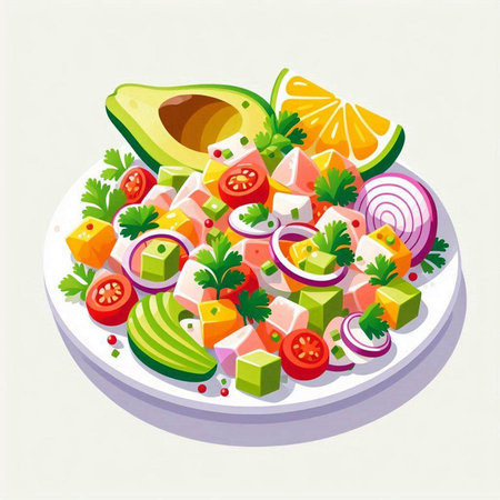 Salad with avocado, tomato, onion, cucumber and mayonnaiseのイラスト素材