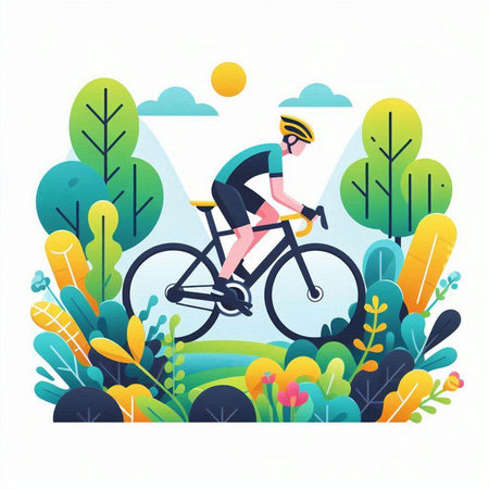 Cyclist riding bicycle in the park. Flat vector illustration.のイラスト素材