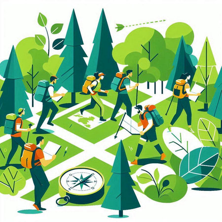 Hiking people with map and compass in forest. Vector illustration.のイラスト素材