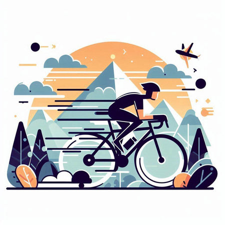 Cyclist riding bicycle in the mountains. Flat vector illustration.のイラスト素材