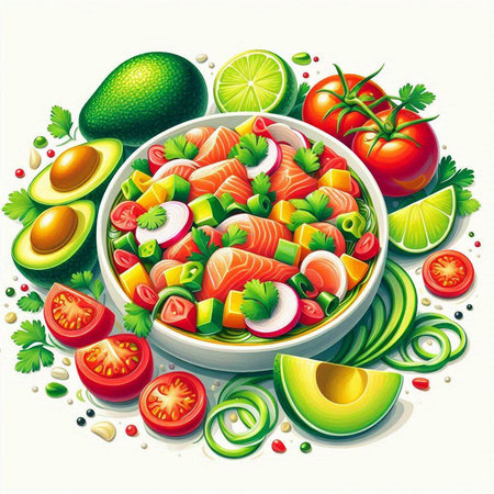 Salmon salad with avocado, tomato, onion and parsley. Vector illustration.のイラスト素材