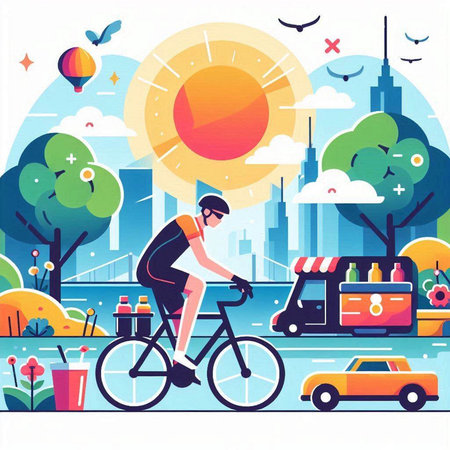 Cyclist riding bicycle in the city, flat vector illustration.のイラスト素材
