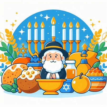 Happy Hanukkah card with santa claus and holiday symbolsのイラスト素材