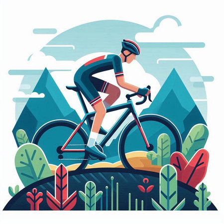 Cyclist riding bicycle in the forest. Flat vector illustration.のイラスト素材