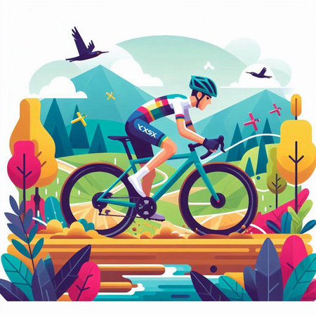 Cyclist in Colorful Sportswear Riding on Mountain Bike on Road in Nature Landscape Flat Vector Illustrationのイラスト素材